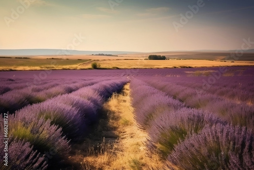 Purple colored landscape with lavender fields on countryside generative ai