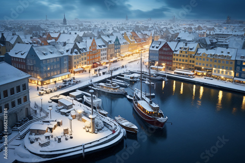 Aerial photography of Nyhavn, copenhagen in snowy winter, beautiful architecture, stunning view, city lights at blue hour