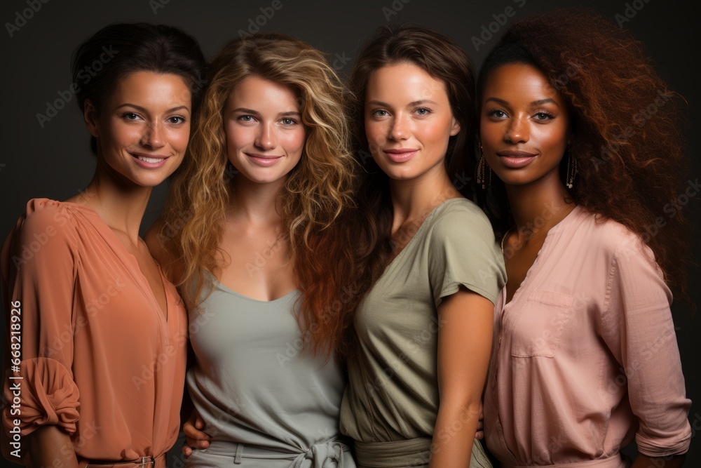 Half-length portrait of four cheerful young diverse multiethnic women. Female friends smiling at camera while posing together. Diversity, beauty, friendship concept. Isolated over grey background. Half-length portrait of four cheerful young diverse multiethnic women. Female friends smiling at camera while posing together. Diversity, beauty, friendship concept. Isolated over grey background.