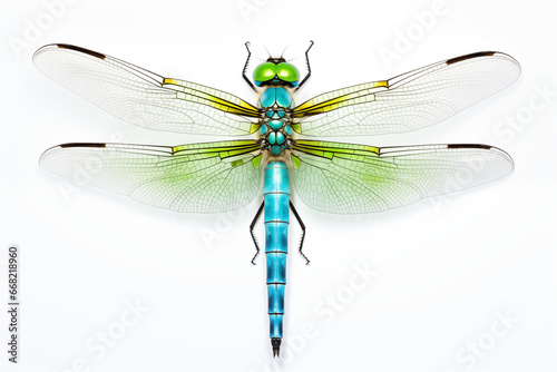 A Close-Up Photorealistic Capture of a Dragonfly: Realistic Hyper-Detailed Image of a Vibrant Blue and Neon Green Insect on a White Background, Accurate and Detailed Nature Photography © Tessa