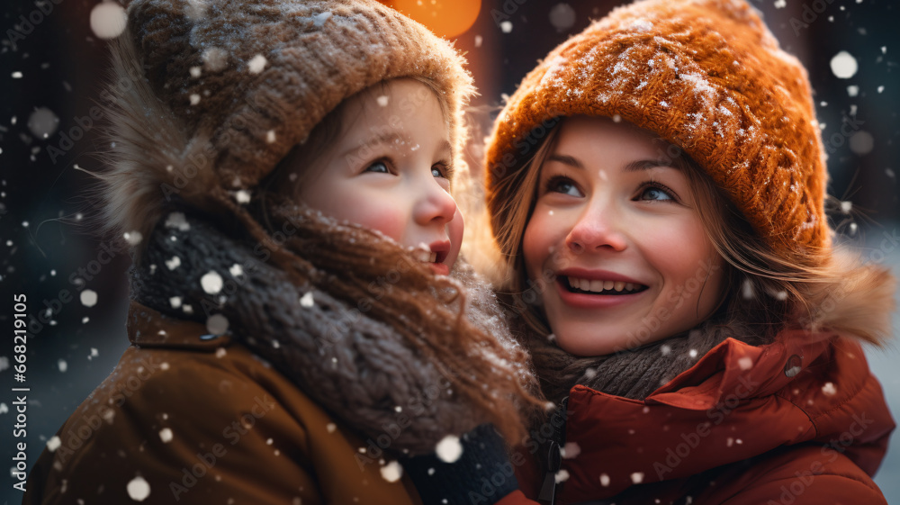 A young girl with mum watches in wonder at the first snowfall of the season their faces glowing with enchantment A young girl with mum watches in wonder at the first snowfall of the season their faces glowing with enchantment