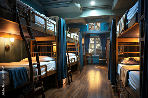 Hostel dormitory beds arranged in dorm room with white plain bunk bed in dormitory.Hotel dormitory have many beds arranged in one room. Clean hostel small room with wooden bunk beds.