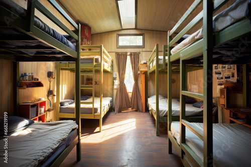 Hostel dormitory beds arranged in dorm room with white plain bunk bed in dormitory.Hotel dormitory have many beds arranged in one room. Clean hostel small room with wooden bunk beds.