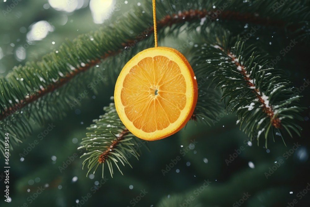Christmas green tree with hanging slice of orange ball like a tree toy close up Christmas green tree with hanging slice of orange ball like a tree toy close up