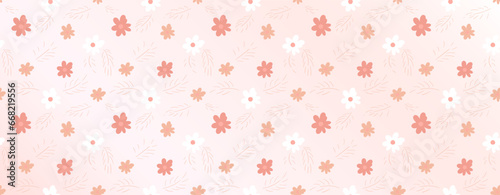 Pink horizontal frame with simple painted white and pale pink flowers. Doodles. Minimal wall art.
