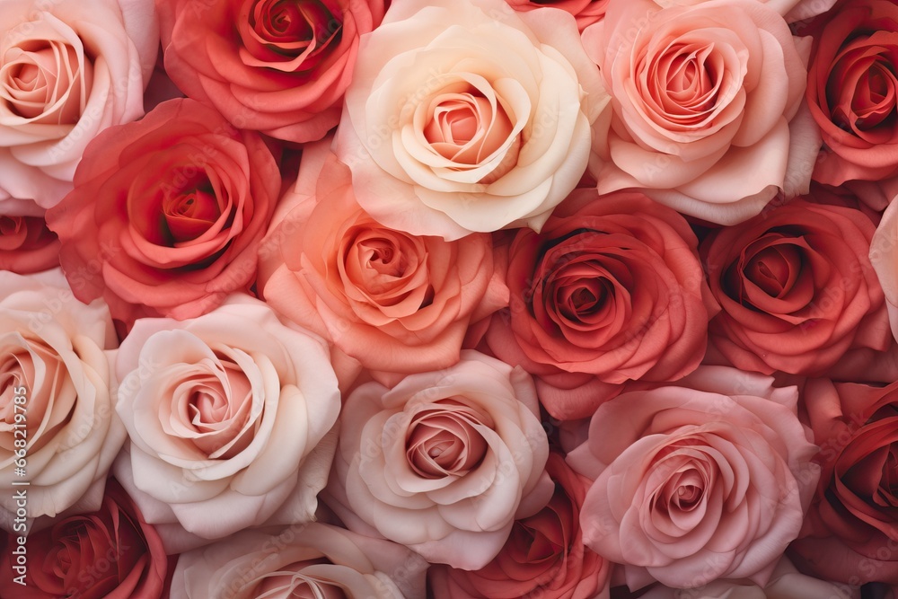 Red and pink beautiful roses pattern. Wedding decoration background. Backdrop for greeting card, banner for valentine day and women day Red and pink beautiful roses pattern. Wedding decoration background. Backdrop for greeting card, banner for valentine day and women day