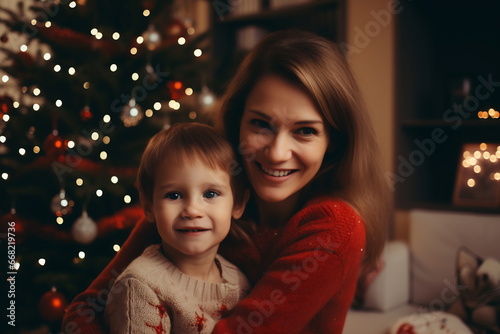 New Year. Christmas. Family. Mom and her little son are hugging and smiling  a Xmas tree in the background at home