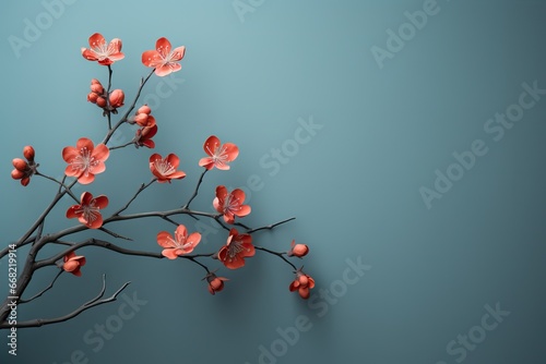 Cherry or sakura pink flowers on light blue background. Greeting card template for wedding, mother's or woman's day. Springtime flat lay composition with copy space