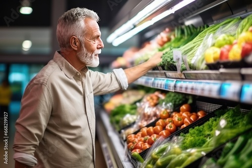 Healthy food and lifestyle concept. Bearded mature Caucasian man shopping in grocery store. Choosing fresh fruits and vegetables in supermarket.