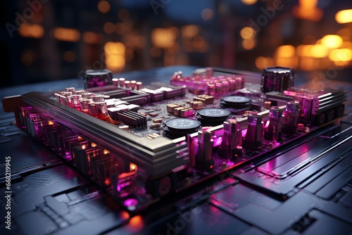 Close-up of electronic circuit board. Technology concept. 3D Rendering