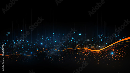 black background adorned with vibrant orange and blue dots is a captivating representation of modern technology's allure. The contrast between the deep, dark canvas and the strikingly bright dots. © peerapong