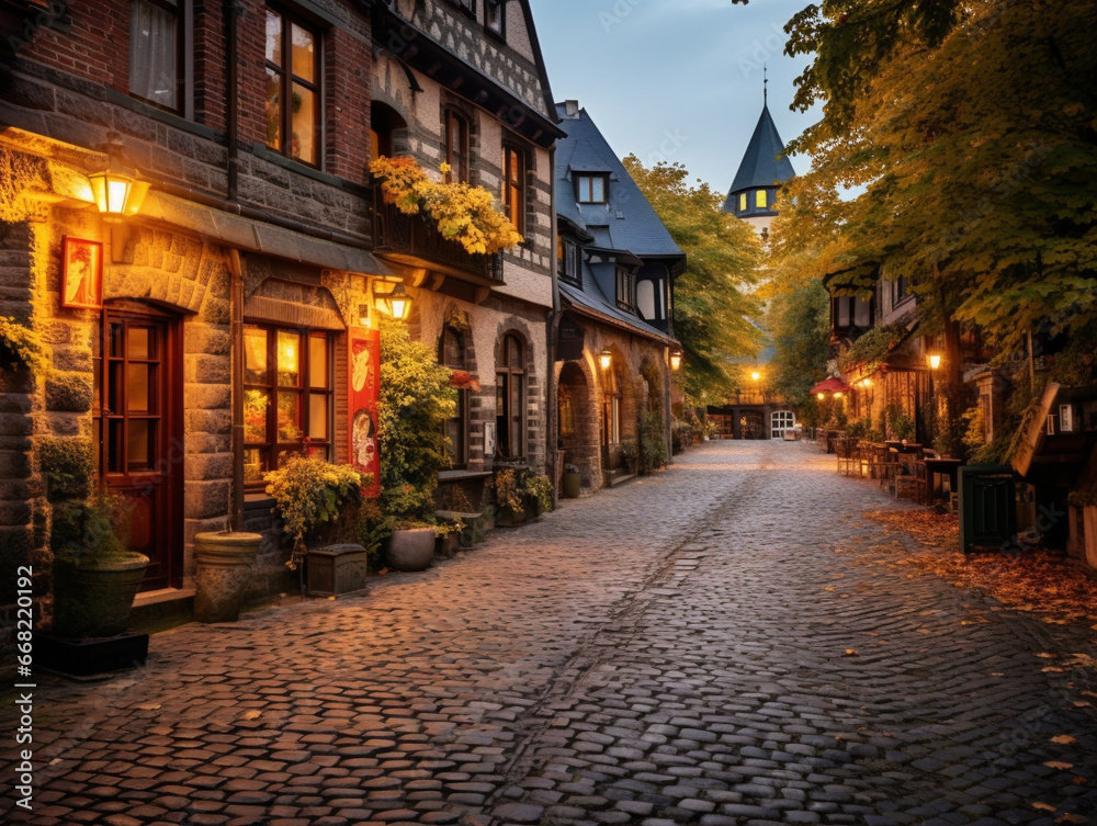 A charming European street with cobblestones and beautiful historic buildings in the background.