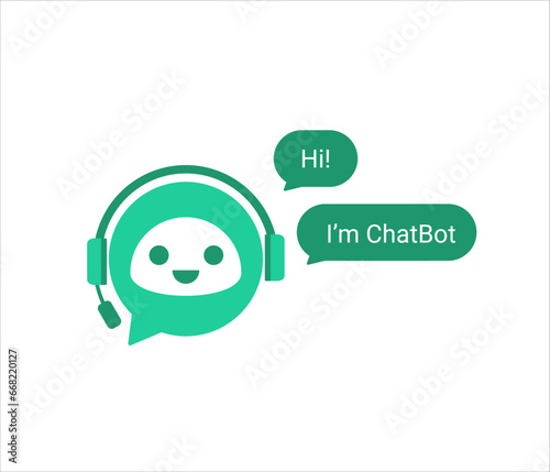 GPT chat bot saing hi. Virtual assistant chat bot head with headphones says I'm GPT Chat. Vector illustration.