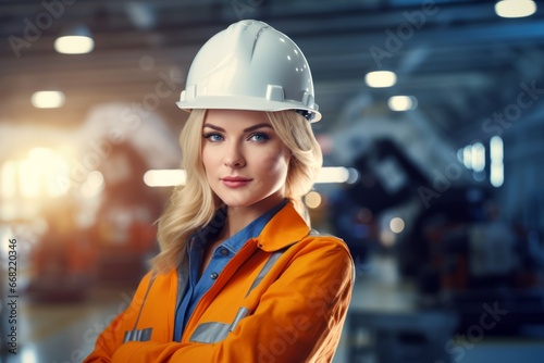 young woman engineer in uniform helmet standing and posing cross arm in industrial factory background with sunset back light. female technician worker technician in manufacturing factory.