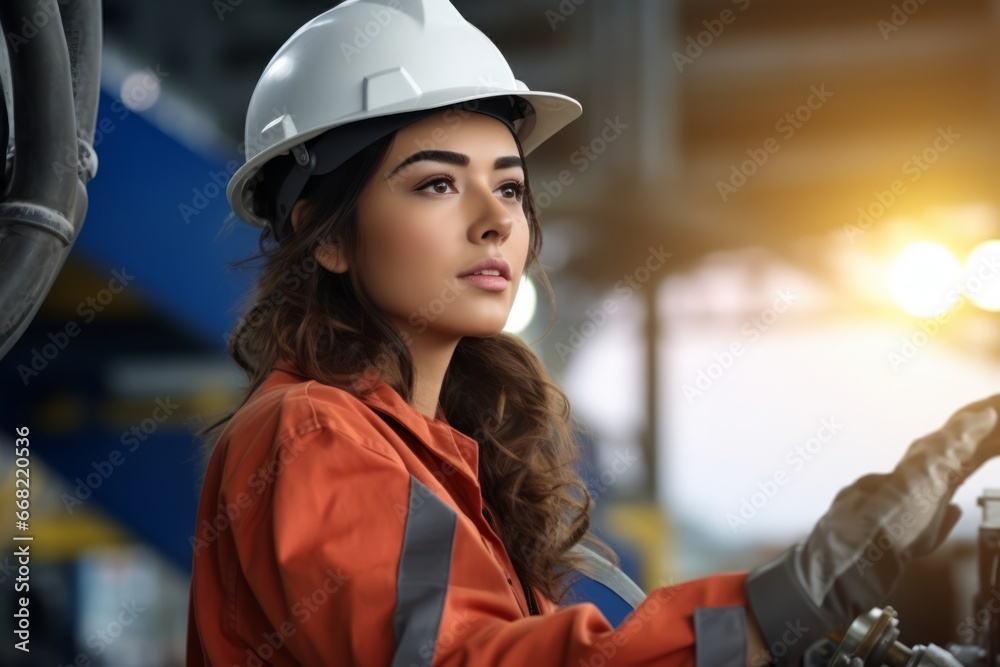 woman engineer in uniform helmet inspection check control heavy machine robot arm construction installation in industrial factory. technician worker check for repair maintenance electronic operation woman engineer in uniform helmet inspection check control heavy machine robot arm construction installation in industrial factory. technician worker check for repair maintenance electronic operation