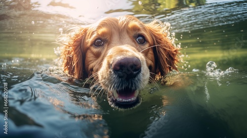 Adorable Golden Retriever dog swimming in water - river. Popular dog breed swimming and playing in water close-up. Cute dog in action and training with family on summer vacation. © Menuka