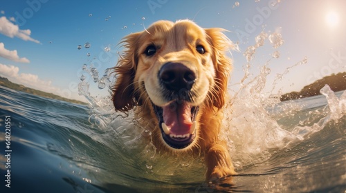 Golden Retriever dog swimming and jumping in water close-up. Cute and funny dog in action and training with family on summer vacation.