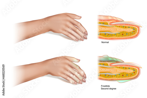 Frostbite Second degree. Skin injury that occurs when exposed to extreme low temperatures, causing the freezing of the skin or other tissues. 