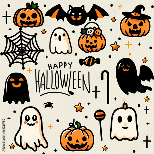 halloween cute vector ghost, bat, spider-web, spooky, pumpkin, seamless background icon set on white background 