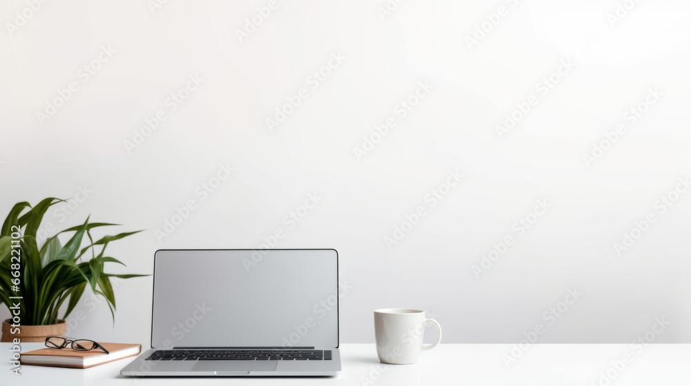 Laptop computer with a coffee cup from above Laptop computer with a coffee cup from above