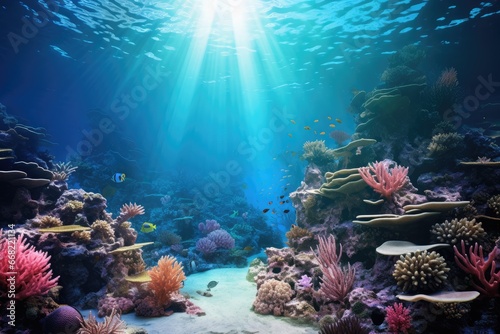World ocean wildlife landscape, sunlight through water surface with coral reef on the ocean floor, natural scene. Abstract underwater background