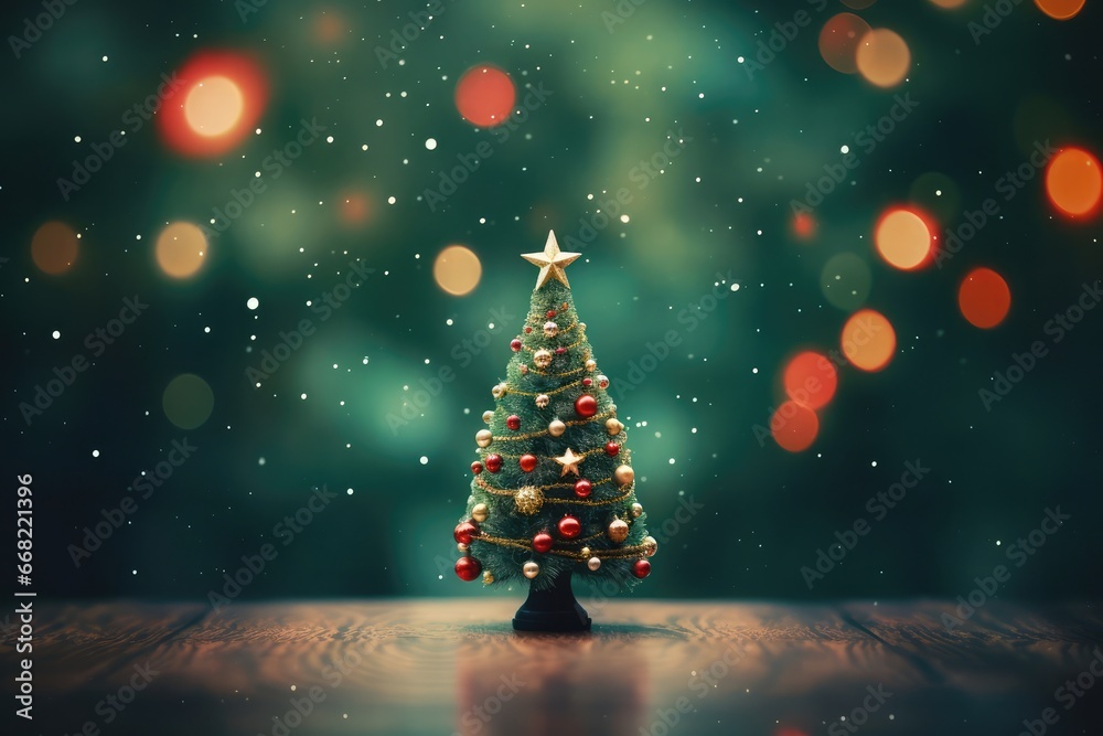 Miniature green Christmas tree with colorful toy balls on wooden table with festive background. Miniature green Christmas tree with colorful toy balls on wooden table with festive background.