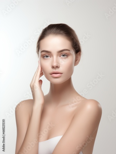 Portrait of a young woman with natural makeup and natural styling.Cosmetology beauty and Spa Happy beautiful girl holding her cheeks with a laugh looking to the side.Pretty woman clean fresh skin.