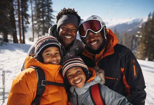 An Afro gay family of four standing in the snow ski resort, a photo of a family on a ski trip,a ski resort,happy,a group of people posing 