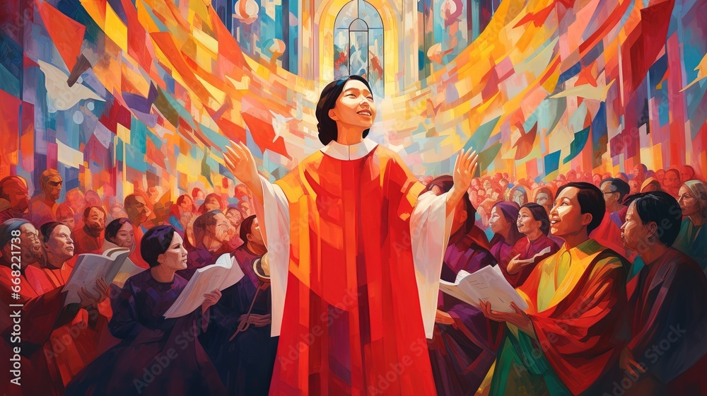 An artwork illustrating a young Asian woman leading a vibrant Christmas choir, with singers of all ages joining in celebration, set against the backdrop of a beautifully decorated cathedral
