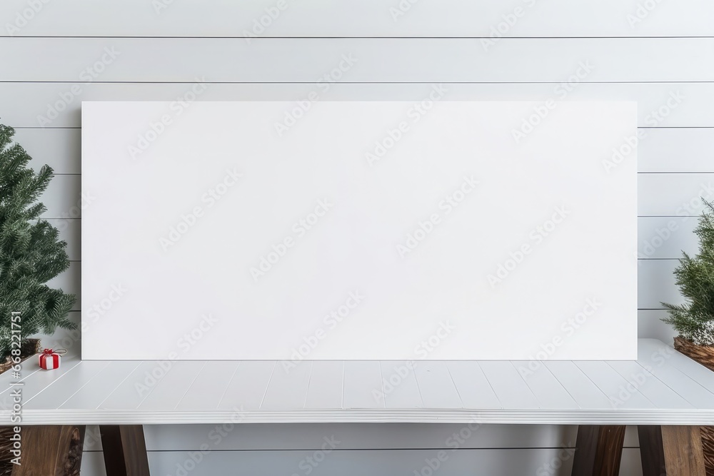 White card blank, template, mockup on the background of a fir tree on wooden table White card blank, template, mockup on the background of a fir tree on wooden table