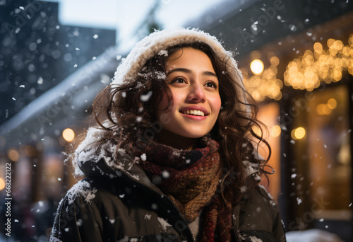 An young Asian woman in white knitted hat brown scarf and dark winter jacket standing outside watching snow falling on street with Christmas Market in the evening with contented smile 