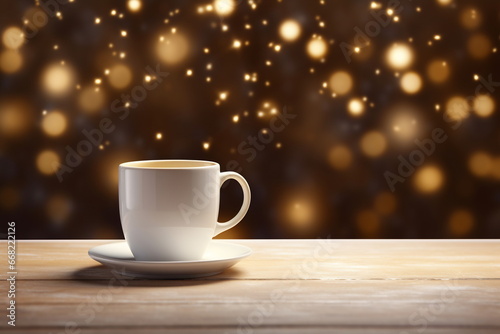A cup of hot drink with steam against golden bokeh background