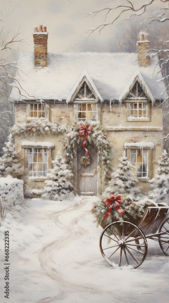 An oil painting a country cottage in the snow, with a vintage sleigh and festive wreaths adorning the exterior, evoking a sense of rural charm and holiday simplicity
