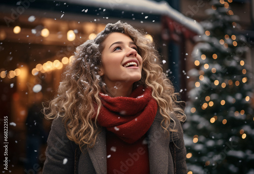 An attractive young curly blonde hair Caucasian woman in red sweater with scarf cover with brown jacket standing outside watching snowflake falling on Christmas Market with content and smile 