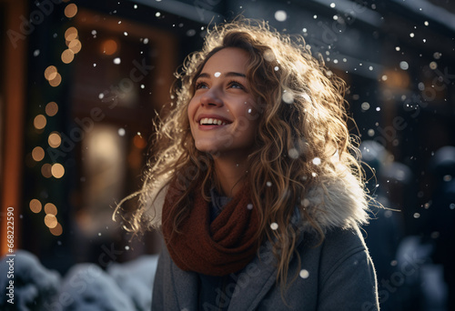 An attractive young curly blonde hair Caucasian woman in winter clothes and brown scarf standing outside watching snowflake falling on Christmas Market with content and smile