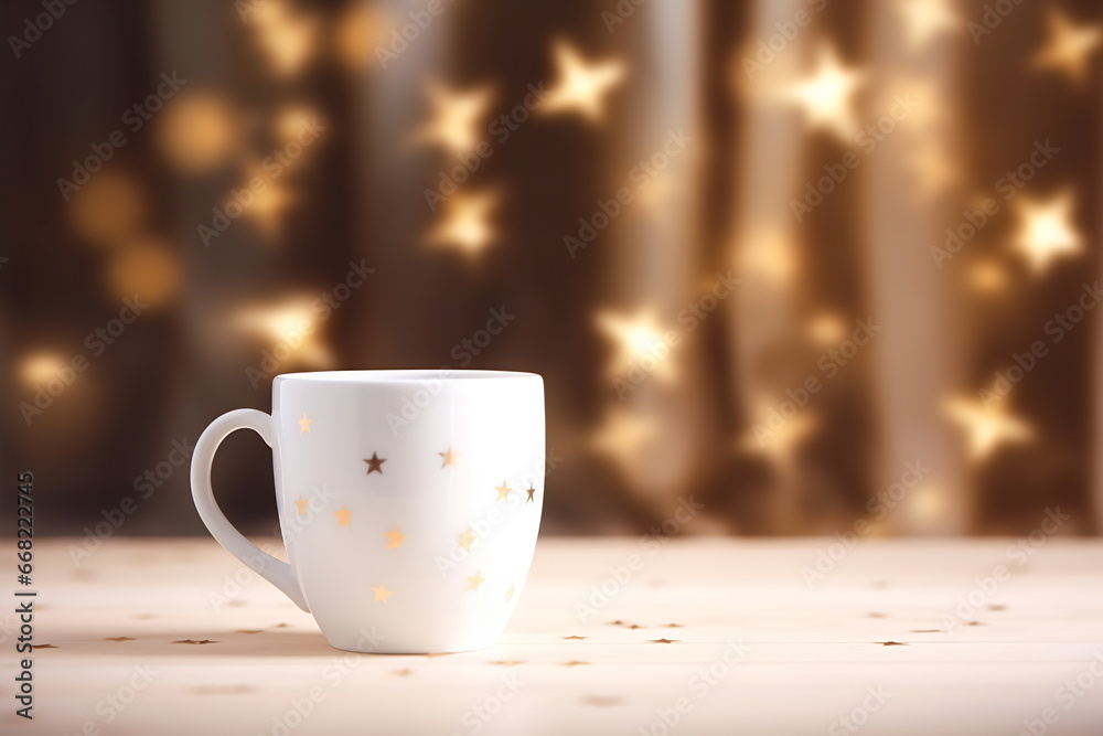 Fototapeta premium A cup of hot drink with steam against golden bokeh background