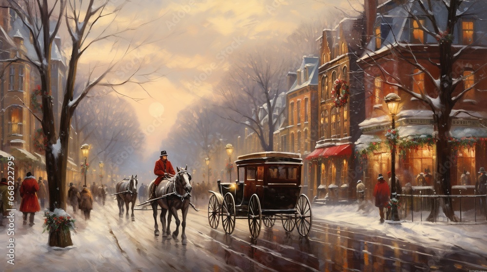 oil painting of a bustling winter street in a quaint, vintage town during retro Christmas celebration