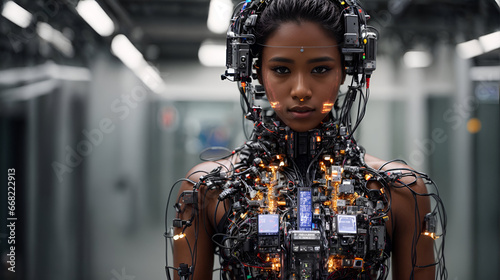 android woman with exposed circuitry and wires