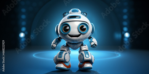 Roboter Männchen Cartoons als Figur mit süßen großen Augen und blau mit weißen Farben lacht im Querformat für Banner, ai generativ © www.freund-foto.de