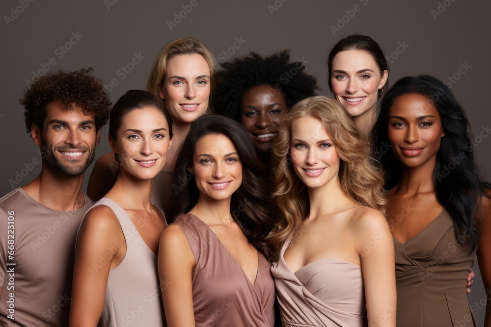 Group portrait of cheerful young diverse multiethnic women and men. Beautiful friends smiling at camera while posing together. Diversity, beauty, friendship concept. Isolated over grey background. - obrazy, fototapety, plakaty 