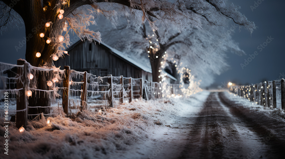 Road by farmhouse - Christmas lights - night - county living - holiday - festive - snow - holiday 