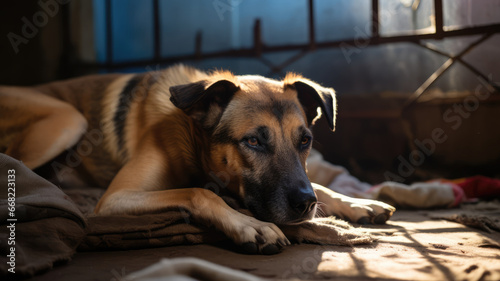 Animal zoomed shot of a sad classic color dog lies on a mat in a shelter. Life style © NK Project