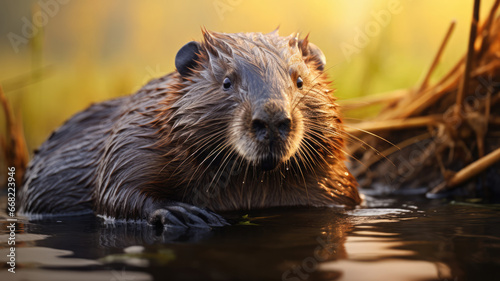 Advertising portrait, banner, wet brown beaver sitting in the water, with branches and part of the dam around