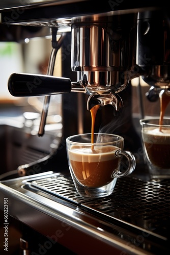 Espresso coffee by using coffee machine. Espresso pouring from coffee machine. Close-up of espresso pouring from coffee machine. Professional coffee brewing.
