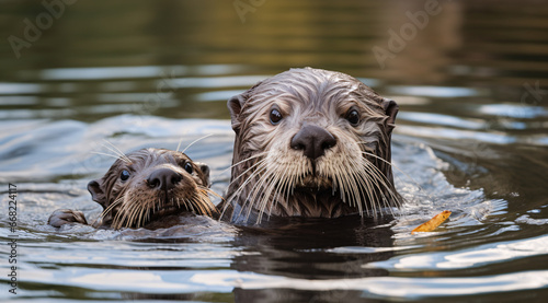 An otter and its baby floating in zoo water  © 1by1step