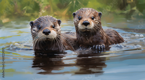 Two otters floating in a body of water, otters playing in water © 1by1step