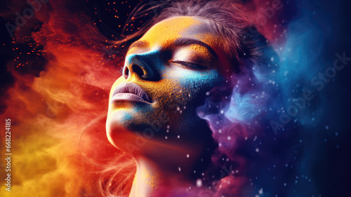 Advertising shot, face and flying multi-colored powder particles, energy, portrait on pure color background