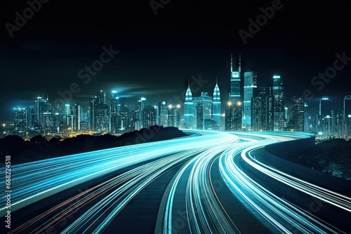 Urban rush. Nighttime traffic on modern city highway. Cityscape in motion. Speeding cars on lit up night road. Architectural marvels. Dynamic nightlife