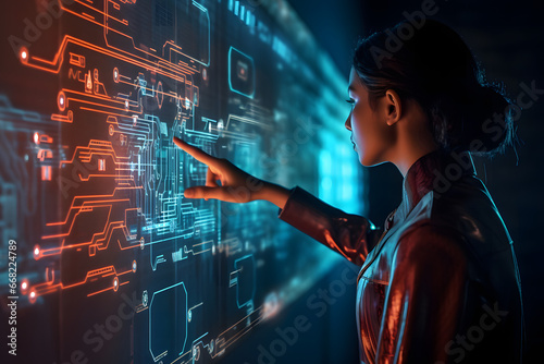 Engineer of the Future: Female Professional in the Glow of a Holographic Information Portal