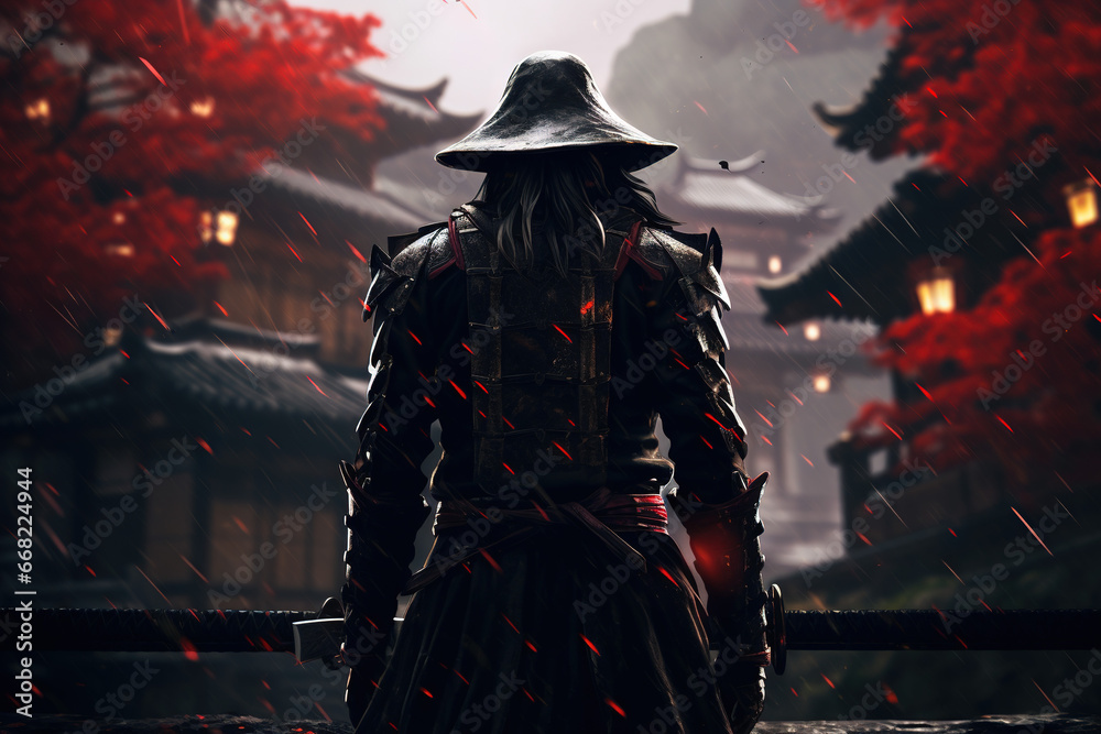 Samurai standing in the typical Japanese garden, high resolution background. Samurai standing in the typical Japanese garden, high resolution background.